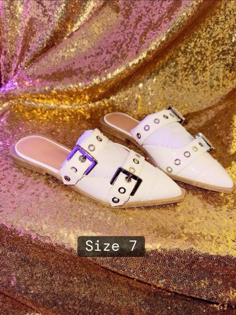 White Pointed Buckle Mule Flats - Women